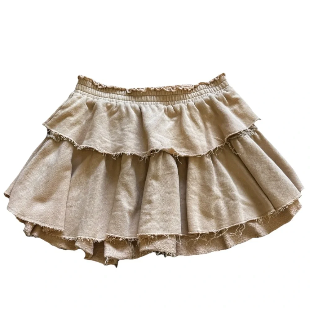 LoveShackFancy Tan Ruffled Mini Skirt Medium Flirty Cute Trendy Summer Fun